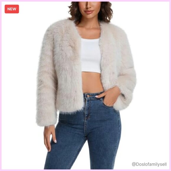 Faux Fur Cropped Jacket Chic Y2K Winter Coat Cardigan Style Outerwear - Picture 3 of 5